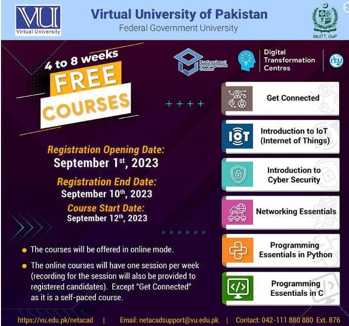 Registration is now open for free courses offered by Virtual University (VU-PDC)